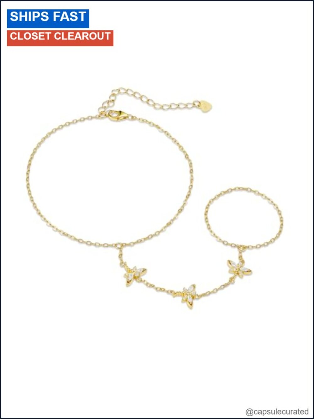 Gold Plated 925 Sterling Silver Dragonfly Hand Chain Bracelet with Finger Ring